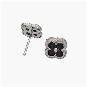 Copper Clover Stud Earrings Pave Zirconia Platinum Plated, approx 10mm