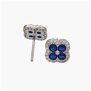 Copper Clover Stud Earrings Pave Zirconia Platinum Plated, approx 10mm