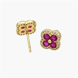 Copper Clover Stud Earrings Pave Zirconia Gold Plated, approx 10mm