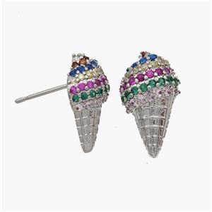 Copper Icecream Stud Earrings Micropave Zirconia Platinum Plated, approx 9-16mm