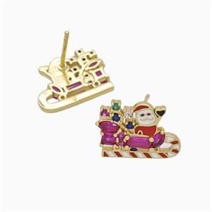 Christmas Santa Claus Charms Copper Stud Earrings Pave Zirconia Enamel Gold Plated, approx 11-15mm