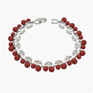 Copper Cherry Bracelet Pave Zirconia Red Resin Ball Platinum Plated, approx 11mm, 18cm length