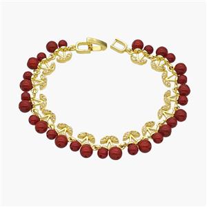 Copper Cherry Bracelet Pave Zirconia Red Resin Ball Gold Plated, approx 11mm, 18cm length