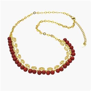 Copper Cherry Necklace Pave Zirconia Red Resin Ball Gold Plated, approx 11mm, 40-45cm length