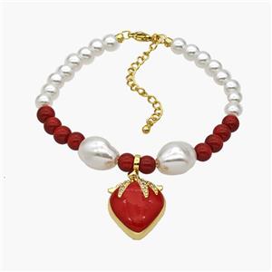 Pearlized Resin Bracelet With Copper Cherry Pendant Red Enamel Gold Plated, approx 18-25mm, 6-14mm, 16-21cm length