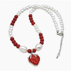 Pearlized Resin Necklace With Copper Cherry Pendant Red Enamel Platinum Plated, approx 18-25mm, 6-14mm, 40-45cm length