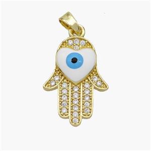 Copper Hamsahand Pendant Pave Zirconia Evil Eye White Enamel Gold Plated, approx 14-20mm