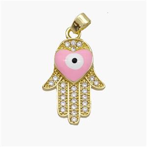 Copper Hamsahand Pendant Pave Zirconia Evil Eye Pink Enamel Gold Plated, approx 14-20mm