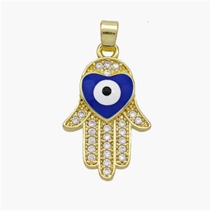 Copper Hamsahand Pendant Pave Zirconia Evil Eye Blue Enamel Gold Plated, approx 14-20mm