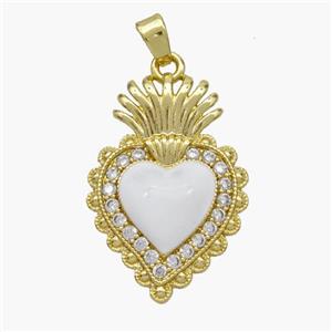 Copper Heart Pendant Pave Zirconia White Enamel Gold Plated, approx 17-24mm