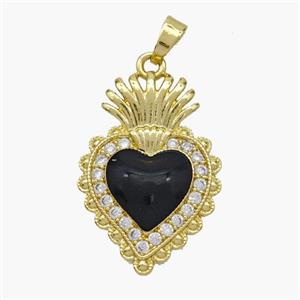 Copper Heart Pendant Pave Zirconia Black Enamel Gold Plated, approx 17-24mm