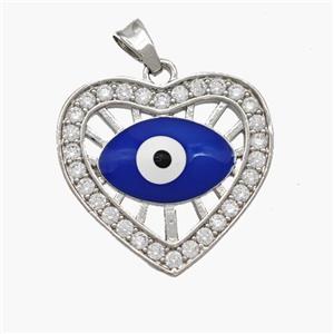 Copper Heart Pendant Pave Zirconia Evil Eye Blue Enamel Platinum Plated, approx 20mm