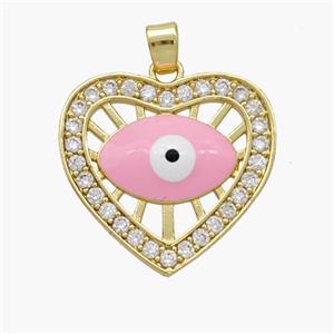 Copper Heart Pendant Pave Zirconia Evil Eye Pink Enamel Gold Plated, approx 20mm