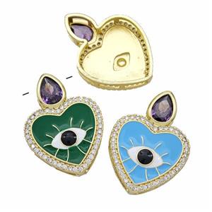 Copper Heart Pendant Pave Zirconia Evil Eye Enamel Gold Plated Mixed, approx 18mm