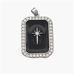 Copper Rectangle Pendant Pave Zirconia Black Enamel Northstar Platinum Plated, approx 19-25mm