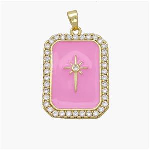 Copper Rectangle Pendant Pave Zirconia Pink Enamel Northstar Gold Plated, approx 19-25mm