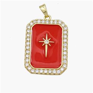 Copper Rectangle Pendant Pave Zirconia Red Enamel Northstar Gold Plated, approx 19-25mm