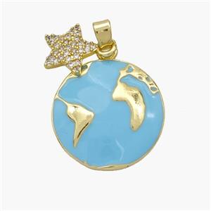 Copper Earth Pendant Teal Enamel Star Pave Zirconia Gold Plated, approx 10mm, 19mm