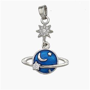 Copper Planet Pendant Blue Painted Star Pave Zirconia Platinum Plated, approx 7mm, 10-19mm