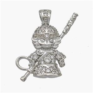 Monkey King Charms Copper Wukong Pendant Micropave Zirconia Platinum Plated, approx 20-22mm