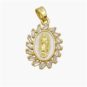 Virgin Mary Charms Copper Pendant Pave Zirconia White Enamel Gold Plated, approx 14-18mm