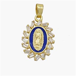 Virgin Mary Charms Copper Pendant Pave Zirconia Blue Enamel Gold Plated, approx 14-18mm