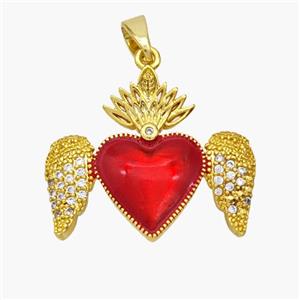 Copper Heart Pendant Red Painted Angel Wings Pave Zirconia Gold Plated, approx 18-22mm