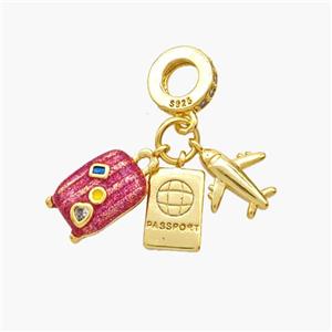 Copper Travelbox Airplane PASSPORT Pendant Pink Painted Gold Plated, approx 7-12mm, 8mm dia