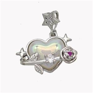 Copper Heart Pendant Pave Pearlized Acrylic Flower Platinum Plated, approx 13-20mm, 6mm