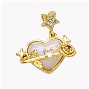 Copper Heart Pendant Pave Pearlized Acrylic Flower Gold Plated, approx 13-20mm, 6mm