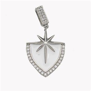 Copper Northstar Pendant Pave Zirconia White Enamel Shield Platinum Plated, approx 20-26mm, 3-7mm