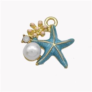 Copper Starfish Pendant Pave Pearlized Resin Blue Painted Gold Plated, approx 13-15mm