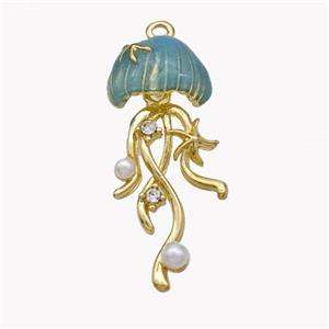 Copper Jellyfish Pendant Pave Pearlized Resin Blue Painted Gold Plated, approx 14-33mm