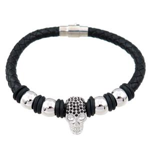 PU leather bracelet with magnetic clasp, skull beads, approx 6mm, 70mm dia