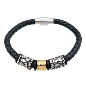 PU leather bracelet with magnetic clasp, stainless steel beads, approx 8mm, 70mm dia