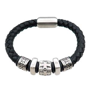 PU leather bracelet with magnetic clasp, stainless steel beads, approx 8mm, 70mm dia