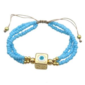 Seed Glass Bracelet Blue Copper Evil Eye Adjustable, approx 10mm, 3mm, 20-24cm length