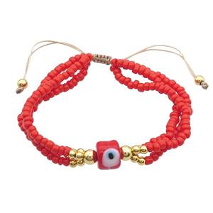 Seed Glass Bracelet Red Lampwork Evil Eye Adjustable, approx 9mm, 3mm, 20-24cm length