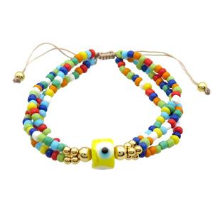 Seed Glass Bracelet Multicolor Lampwork Evil Eye Adjustable, approx 9mm, 3mm, 20-24cm length