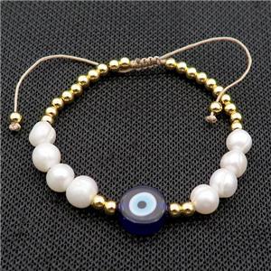 Pearl Bracelet With Lampwork Evil Eye Copper Adjustable, approx 12mm, 8mm, 4mm, 20-24cm length