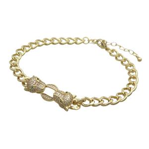 Copper Bracelet Leopard Pave Zircon Gold Plated, approx 10-35mm, 6mm, 18-23cm length