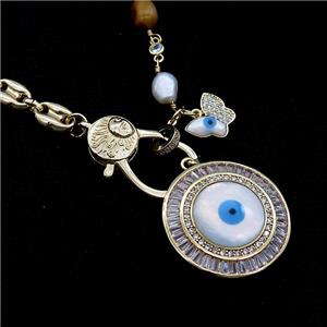 Copper Necklace Eye Pave Zircon Pearl Gold Plated, approx 30mm, 8-9mm, 48cm length