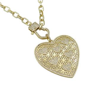 Copper Necklace Heart Pave Zircon Gold Plated, approx 43mm, 5.5-8mm, 50cm length