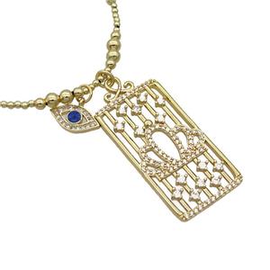 Copper Necklace Rectangle Card Pave Zircon Eye Gold Plated, approx 20-40mm, 7.5-13mm, 42-47cm length