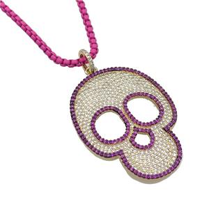 Hotpink Lacquered Copper Necklace Skull Pave Zircon Gold Plated, approx 35-45mm, 3mm, 38-43cm length