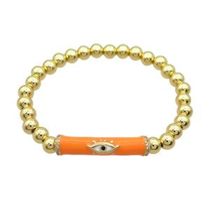 Copper Bracelet Orange Enamel Evil Eye Pave Zircon Stretchy Gold Plated, approx 7-30mm, 6mm