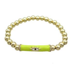 Copper Bracelet Yellow Enamel Evil Eye Pave Zircon Stretchy Gold Plated, approx 7-30mm, 6mm