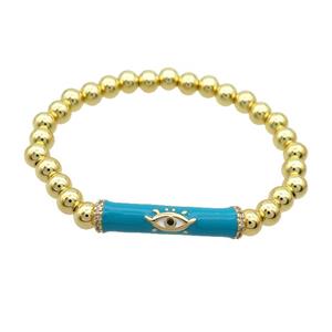 Copper Bracelet Teal Enamel Evil Eye Pave Zircon Stretchy Gold Plated, approx 7-30mm, 6mm