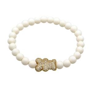 White Resin Bracelet Bear Pave Zircon Stretchy, approx 13-17mm, 6mm