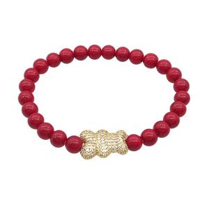 Red Resin Bracelet Bear Pave Zircon Stretchy, approx 13-17mm, 6mm